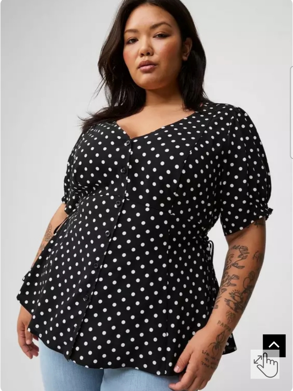 Torrid Challis Side Tie Short Sleeve Top Black White Polka Dot V-Neck Blouse